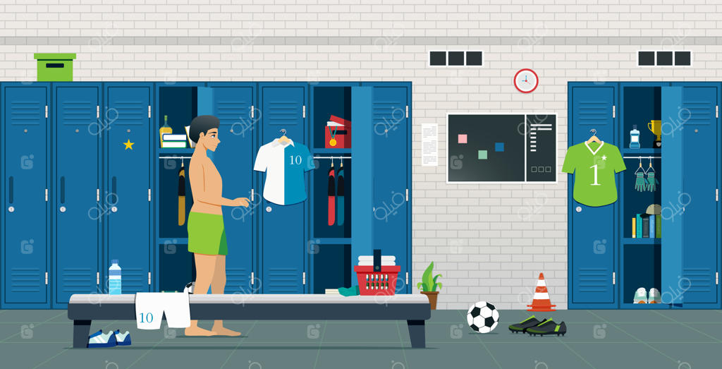 اتاق ورزشی با کمد و تجهیزات ورزشی.