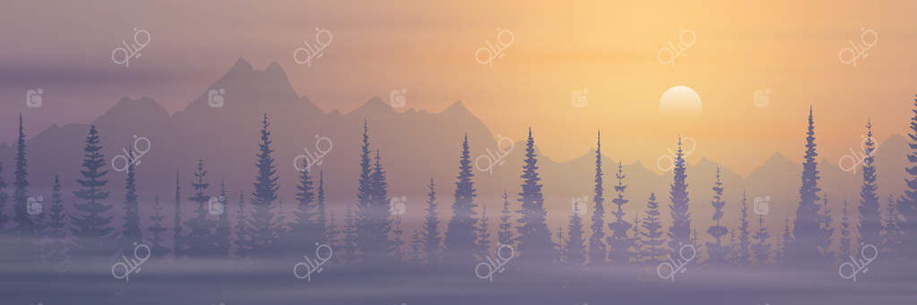 نمای پانورامای چشم‌انداز صبحگاهی: طلوع خورشید بر فراز جنگل‌ها و کوه‌ها