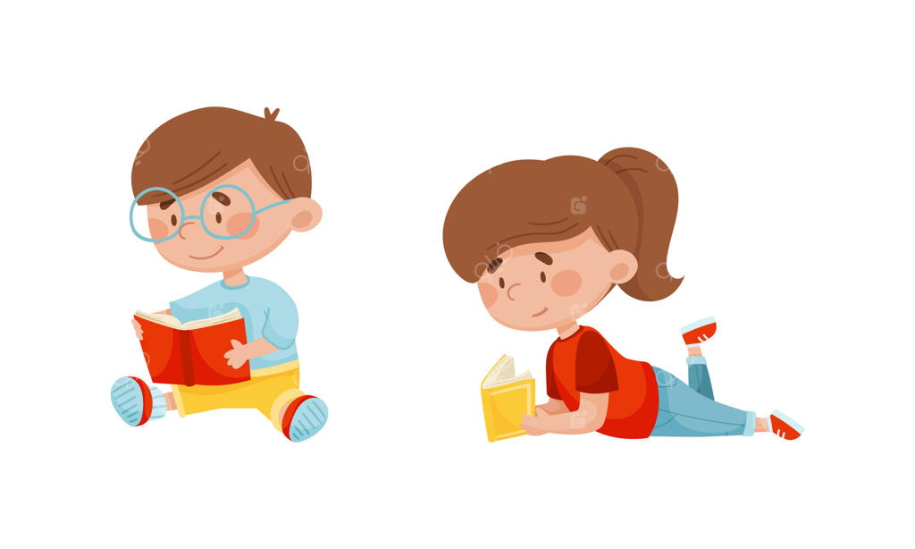 پسر و دختر باهوش و بانمک در حال خواندن کتاب. دانش‌آموزان دبستانی با کتاب‌ها. تصویرسازی کارتونی آموزش کودکان