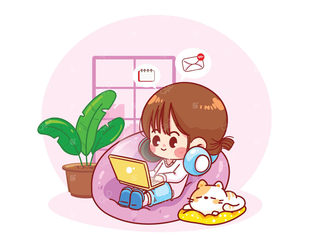 تصویرسازی کارتونی و طرح دستی کاراکتر زن در حال دورکاری با لپ‌تاپ روی مبل شنی