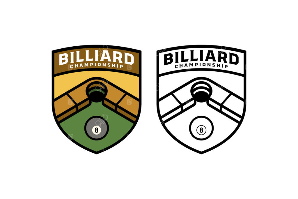 مجموعه طراحی لوگو میز بیلیارد سبز با جیب و نشان توپ سیاه برای ورزش بیلیارد و مسابقات. طرح لوگوی مدرن برای ورزش اسنوکر با حفره میز بیلیارد و تصویر توپ 8