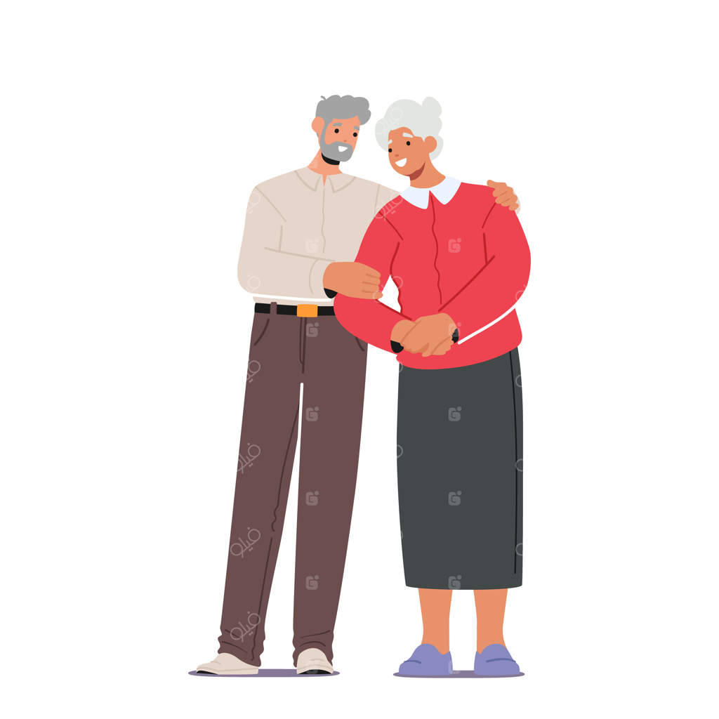 زوج سالمند در آغوش هم روی پس‌زمینه سفید: عشق و همبستگی خانواده سالمندان در اوقات فراغت