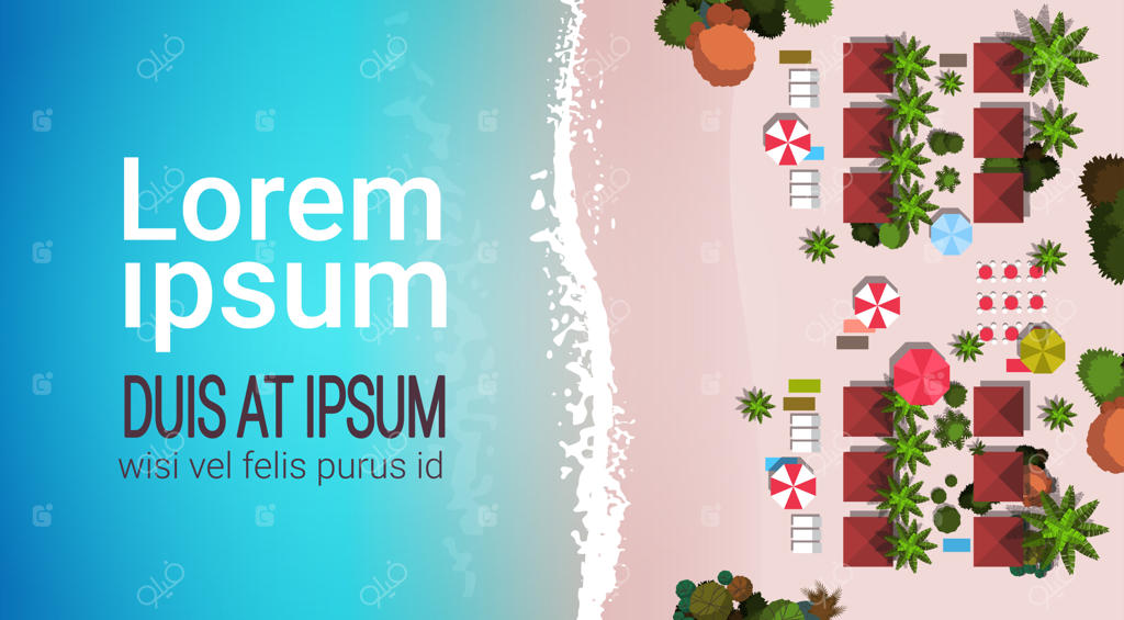 تعطیلات تابستانی در ساحل: نمای بالا از شن و چترهای رنگارنگ در تعطیلات استوایی