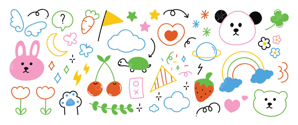مجموعه خط‌خطی‌های رنگارنگ و بامزه: مجموعه‌ای از فلش، حباب گفت‌وگو، تاج، گل، خط‌خطی، سگ، هویج. طراحی برای تزئین، استیکر، پوستر کودکانه.