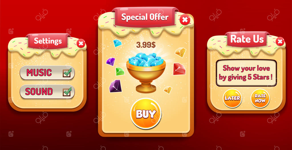 پیشنهاد ویژه خرید، منوی تنظیمات و امتیازدهی به همراه ستاره‌ها و دکمه‌های رابط کاربری ظاهر می‌شوند.