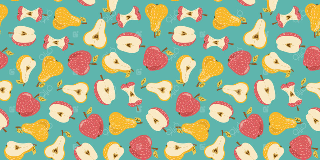 گلابی و سیب: میوه‌ها. پترن یکپارچه. برش‌ها و میوه‌های کامل با برگ‌ها، دستی طراحی شده‌اند. غذای طبیعی ویتامین‌دار و گیاهی، محصولات باغی و برداشت. طراحی شده، تصویر تخت، پس‌زمینه تکرارشونده.