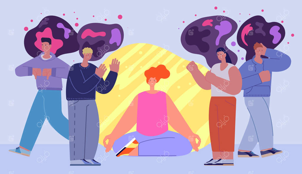 جدایی اجتماعی: کارتون حباب انسانی با ذهن و روح سالم در دنیای منفی - جوانی که از جمعیت و ارتباطات دوری می‌کند