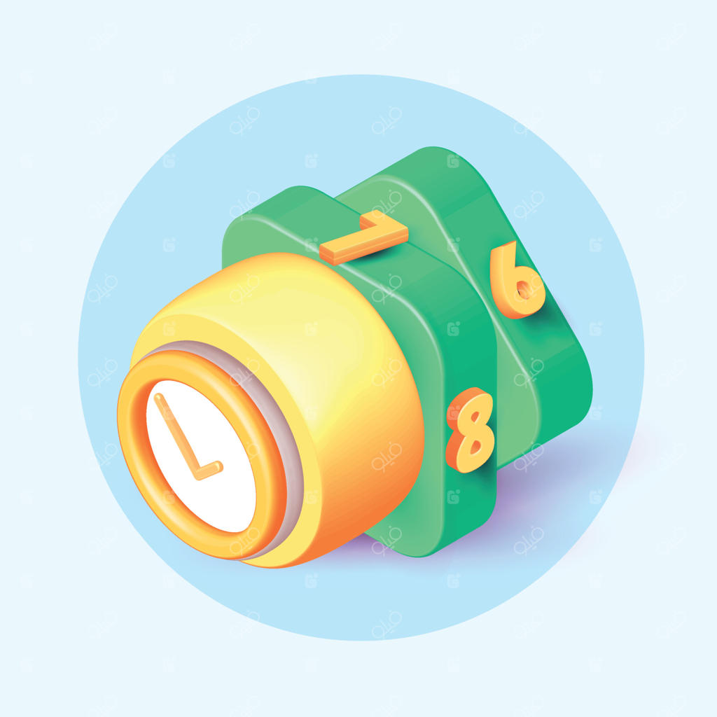 طراحی ساعت زنگ‌دار زرد در دفتر کار خانگی با مفهوم کاری ۲۴ ساعته - آیکون وکتور سه‌بعدی مینیمال