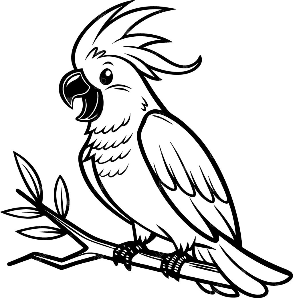طوطی کاکلی کارتونی روی شاخه با خطوط پررنگ، مناسب برای کتاب‌های رنگ‌آمیزی و تصویرسازی