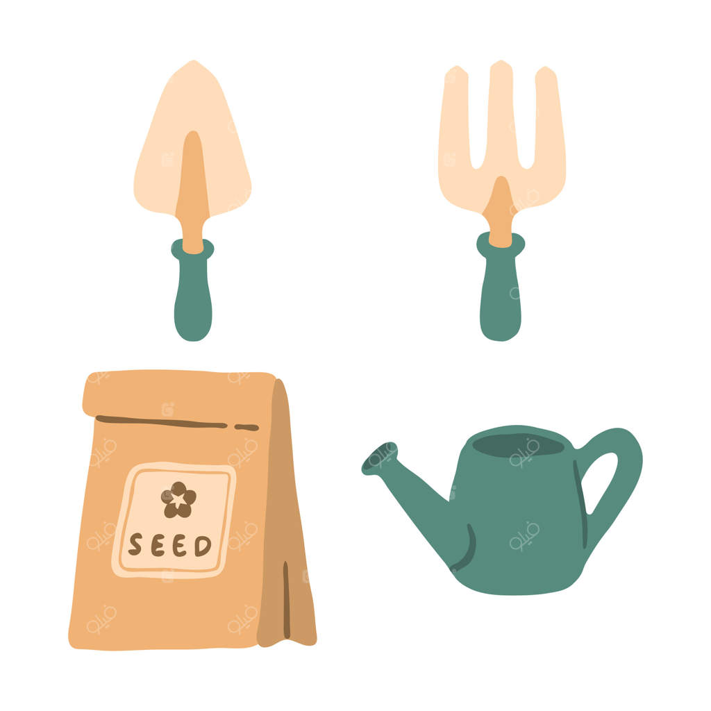 طرح دستی بیل، چنگک باغبانی، بذر و آب‌پاش