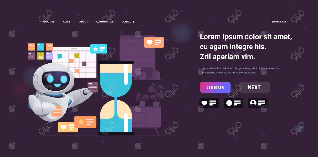 شخصیت رباتیک مشغول کار یا مطالعه با لپ‌تاپ نزدیک به موعد ساعت شنی، مفهوم کارآیی و فناوری هوش مصنوعی، تصویر برداری