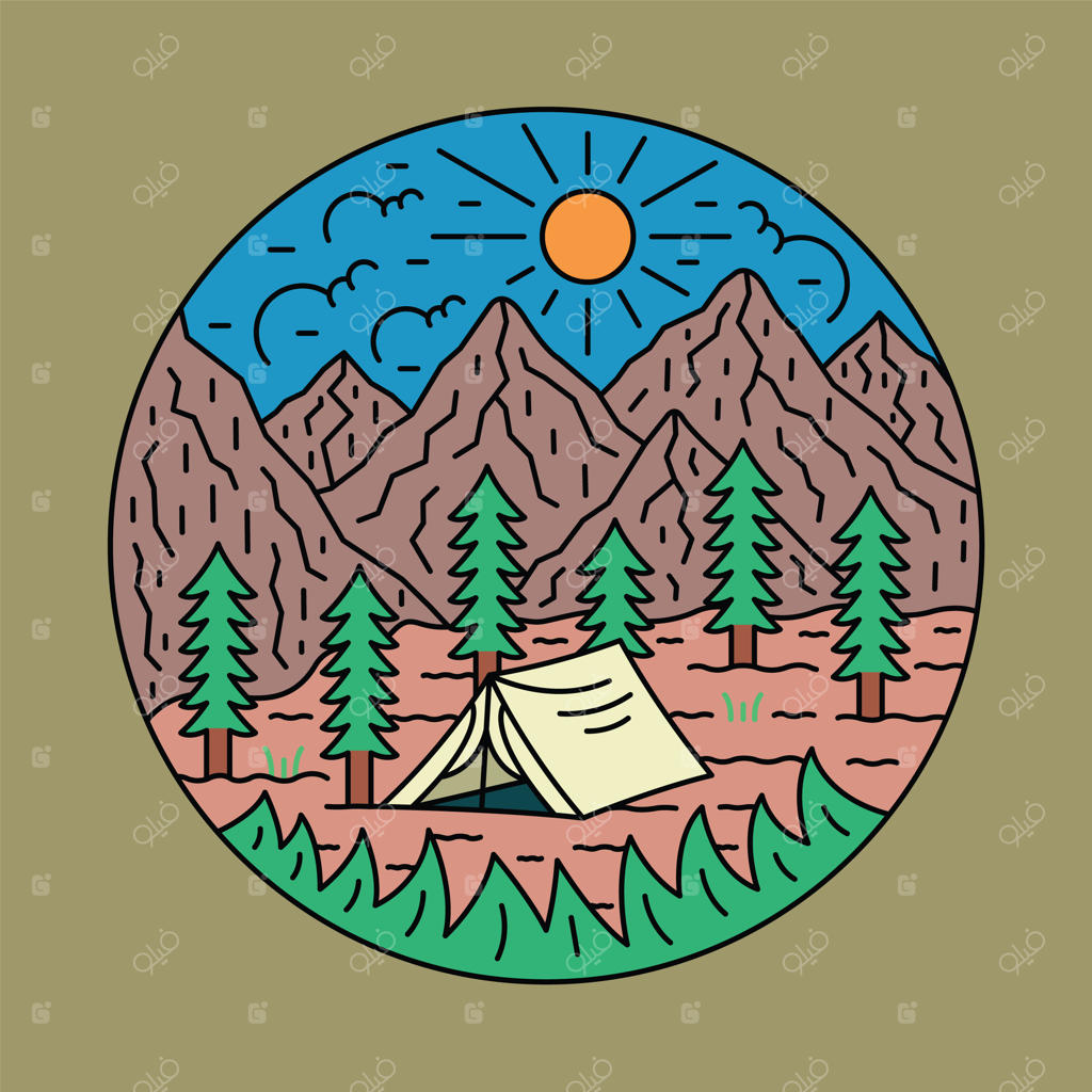 طراحی تیشرت: کمپینگ در جنگل سرسبز با هنر گرافیکی وکتور