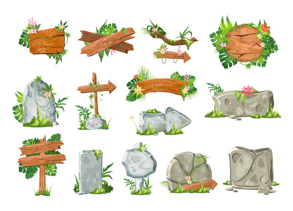 تابلوهای سنگی جنگل: بازی کارتونی با قاب تابلو بامبو و گیاهان گرمسیری، تابلوهای چوبی و فلزی، طراحی گرافیکی مرتب و هنری عناصر مختلف