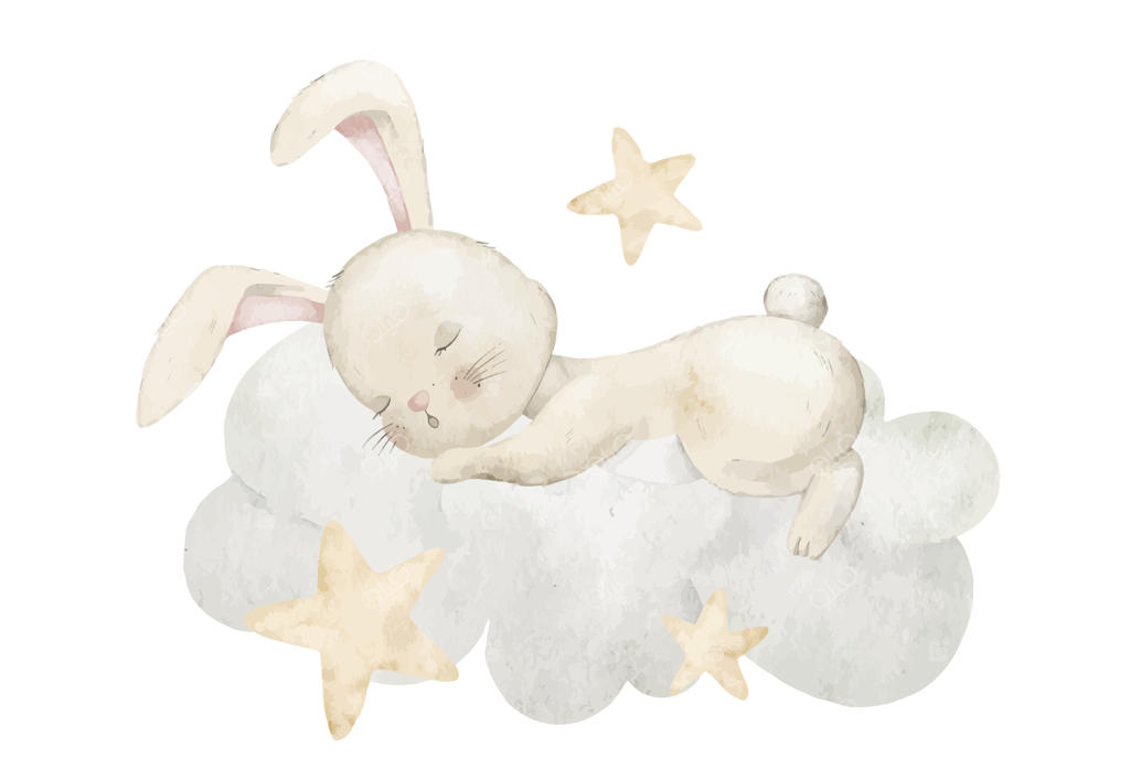 تصویر آبرنگی خرگوش خوابیده روی ابری نرم، در محاصره ستاره‌های طلایی. نقاشی خرگوش بامزه برای پوسترهای اتاق کودک یا دعوت‌نامه‌های جشن تولد نوزاد. هنر برای کارت‌های تبریک کودکانه.