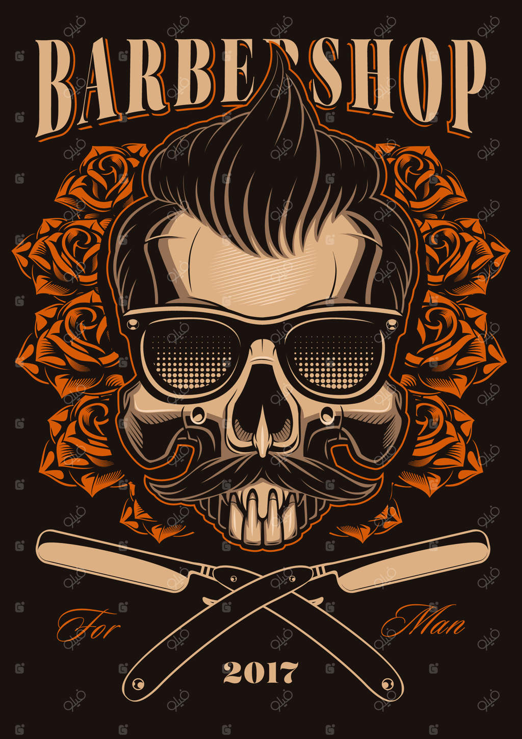 تصویر آرایشگاه: جمجمه با گل‌های رز و تیغ‌های سلمانی. جمجمه هیپستر با مو و سبیل.