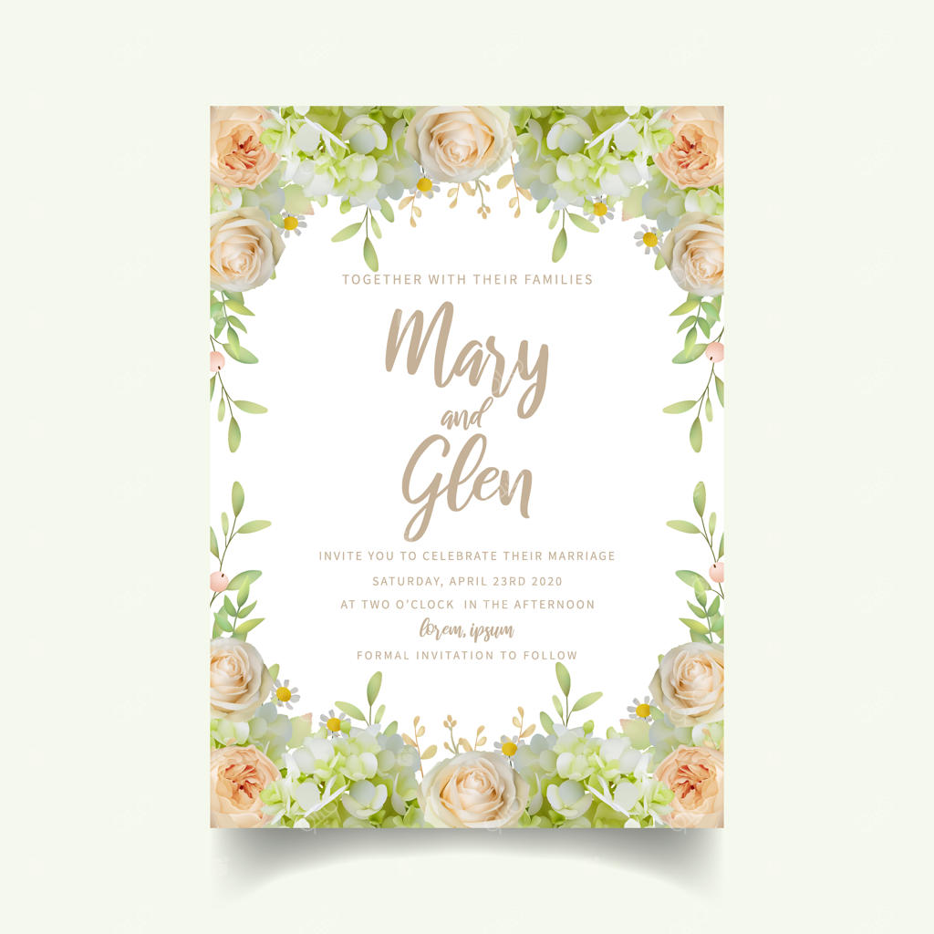 کارت دعوت عروسی با طرح گل‌های رز و هورتانسیا