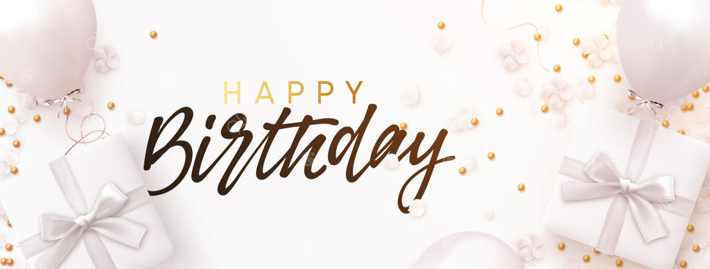 بنر تولدت مبارک. طراحی جشنواره‌ای با بادکنک‌های سفید واقع‌گرایانه، جعبه‌های هدیه، غنچه‌های گل‌های رنگارنگ و گلبرگ‌ها. پوستر جشن، کارت تبریک، سربرگ وب‌سایت. طراحی افقی و نمای بالا.
