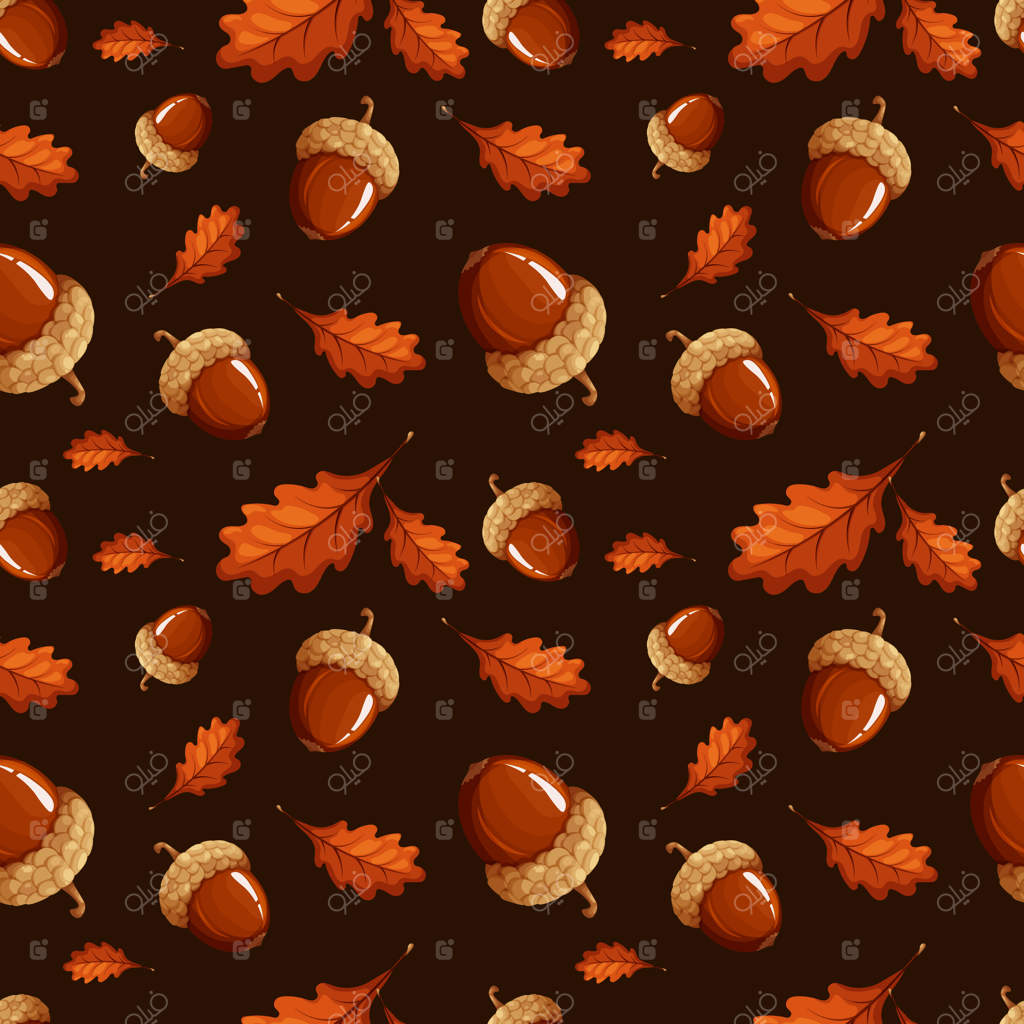 پترن بلوط‌های تیره و برگ بر روی پس‌زمینه قهوه‌ای