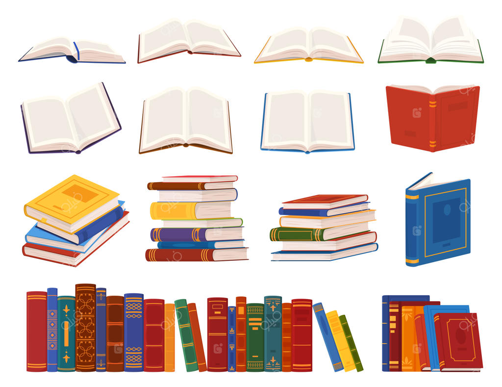 ستون‌های کتاب برای خواندن: ادبیات نابی، دیکشنری‌ها، دایرةالمعارف‌ها، کتاب‌ها روی قفسه‌ها - تصویر وکتور