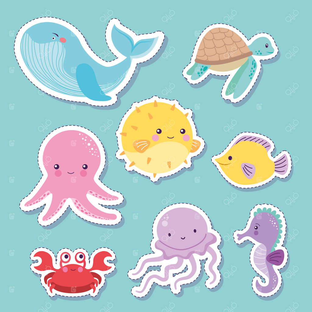 حیوانات دریایی با طرح‌های برش. برچسب‌ها