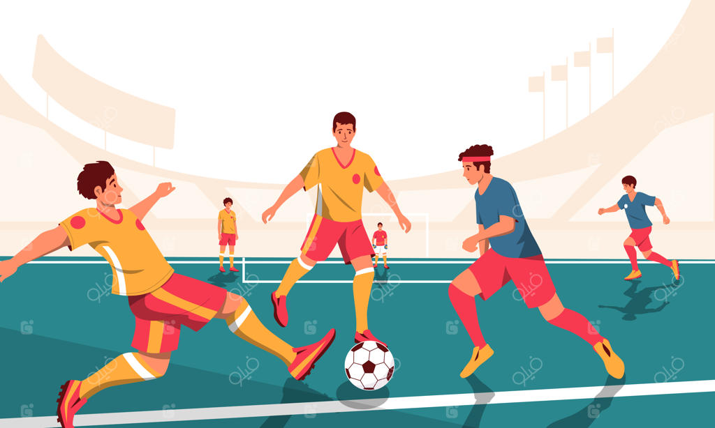 صحنه مسابقه فوتبال: رقابت بازیکنان کارتونی در بازی پرتنش، نمای پانورامیک وکتور از بازیکنان در مسابقات قهرمانی ورزشی با تیم‌ها