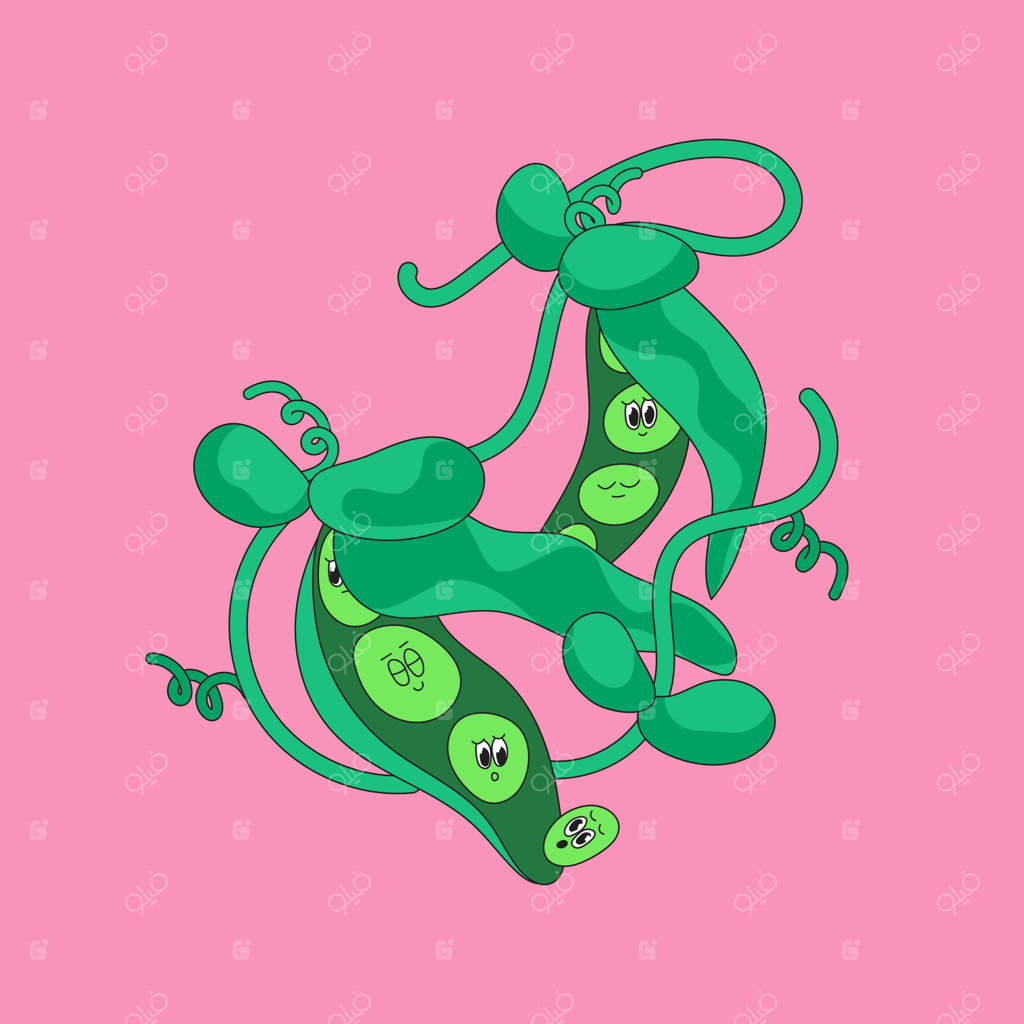 شخصیت‌های بامزه سبزیجات: خانواده نخود کارتونی - عروسک‌های دوست‌داشتنی روی پس‌زمینه آبی