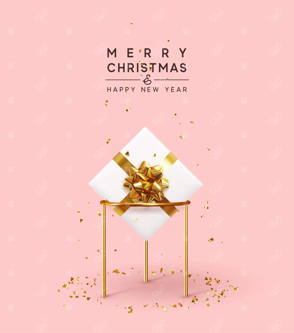 پس‌زمینه کریسمس: طراحی سه‌بعدی واقع‌گرایانه با جعبه هدیه و کاغذهای طلایی براق. تبریک سال نو با طراحی ساده و شیک. تصویرسازی وکتوری