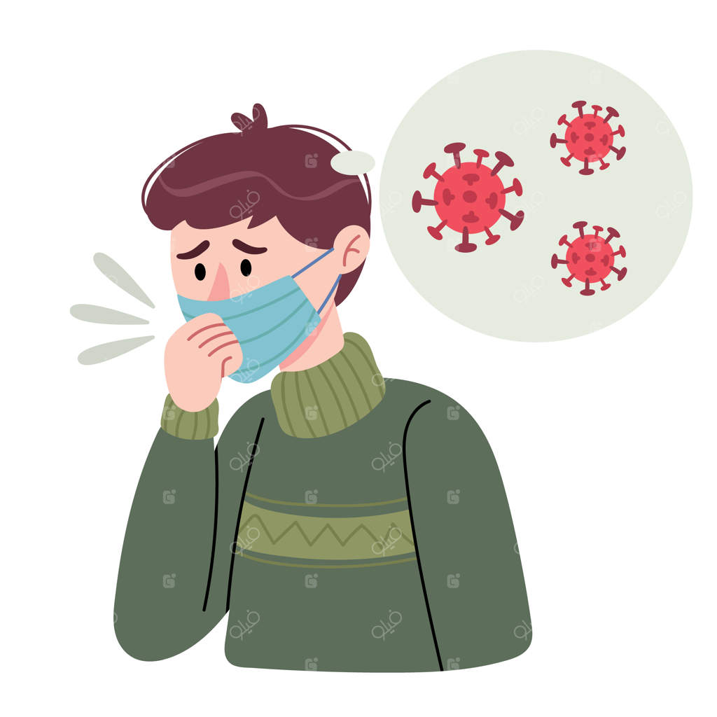 مرد سرفه می‌کند. مردی با ماسک فکر می‌کند که او ویروس کرونا دارد. مفهوم توقف گسترش ویروس. مراقبت‌های بهداشتی.