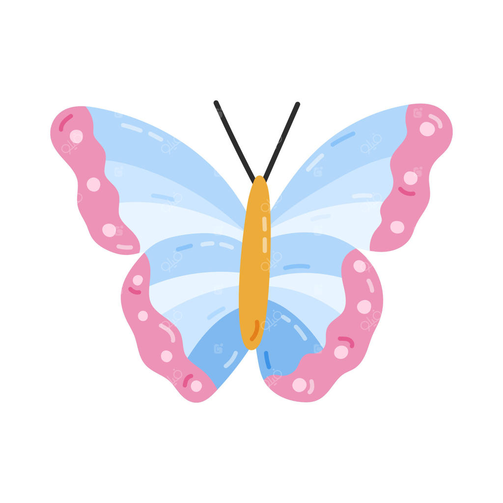 پروانه کارتونی زیبا با بال‌های آبی و صورتی. حشره‌ای گرمسیری و باغی. نماد مد روز دهه ۹۰ میلادی و اوایل ۲۰۰۰. پروانه‌ای ساده و دست‌ساز بر زمینه سفید. نوستالژی زیبایی‌شناسی دهه ۹۰.