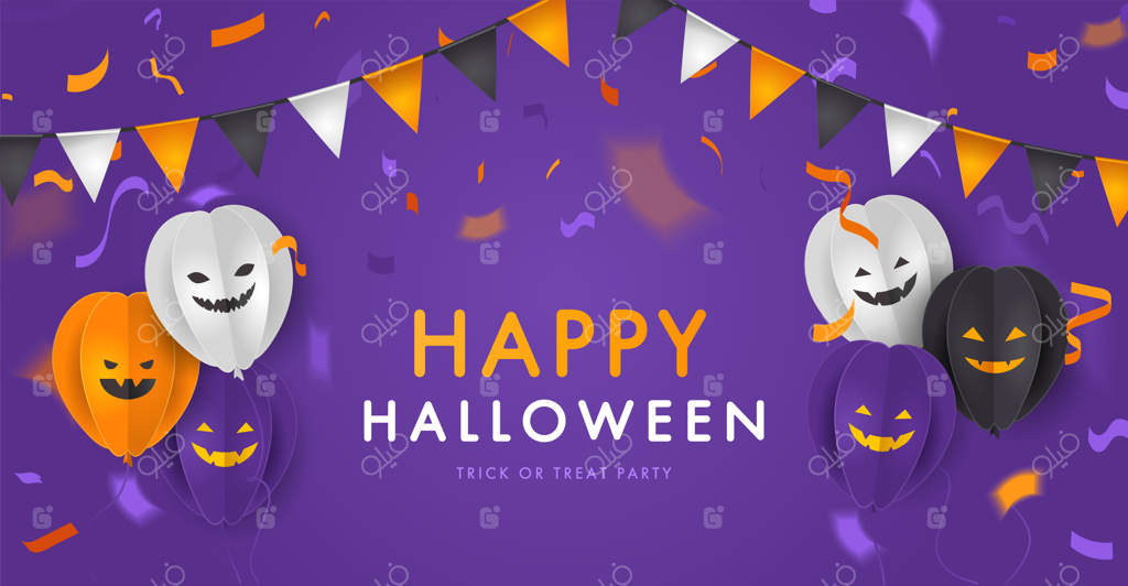 قالب طراحی بنر جشن هالووین با کدوهای کاغذی، ایموجی ها، پرچم های رنگارنگ و کاغذپاشی