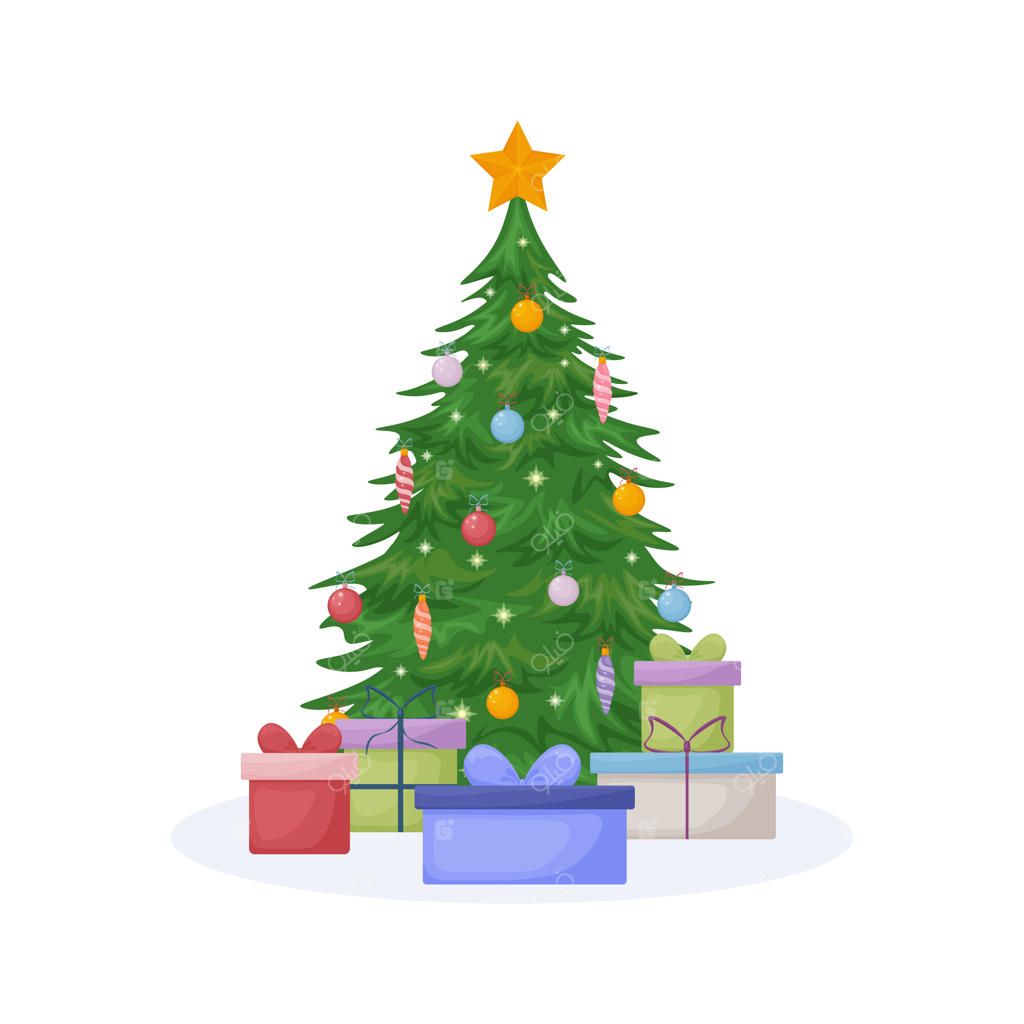 درخت کریسمس با تزئینات بادکنک، اسباب‌بازی و ستاره و هدایا