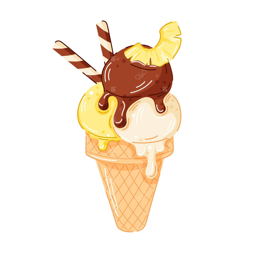 بستنی قیفی با اسکوپ‌های وانیلی، لیمو و شکلات تلخ به سبک کارتونی. آناناس و چوب‌شور در بالای قیف وافل. مناسب برای منوی دسر و طراحی بسته‌بندی تابستانی.