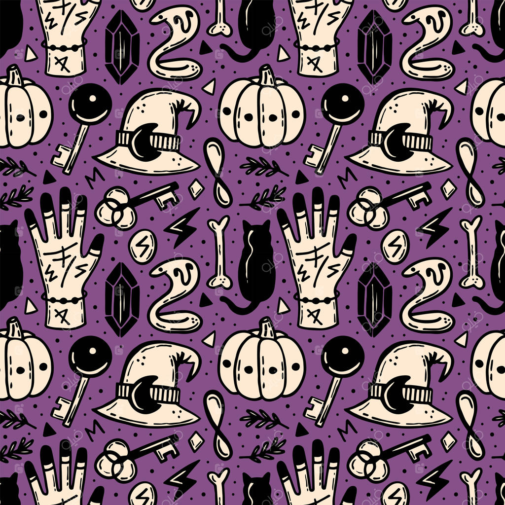 طرح یکپارچه هالووین با رنگ‌های بنفش، بژ و مشکی
