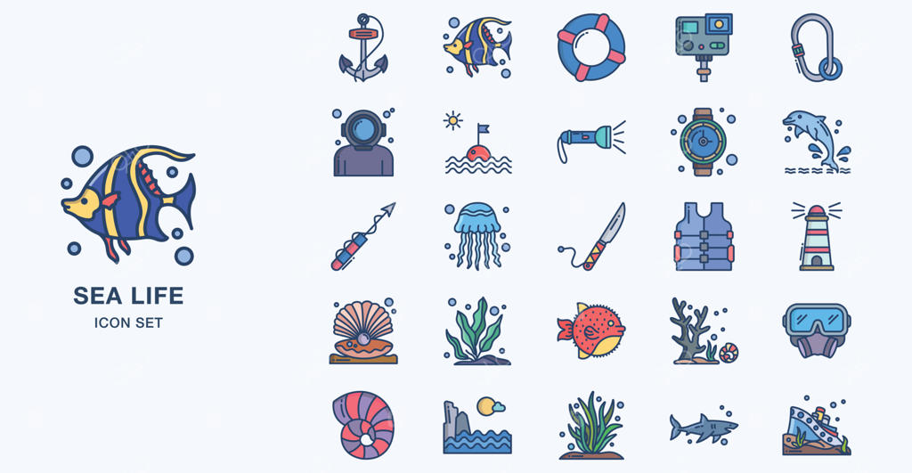 مجموعه آیکون‌های خطی و رنگی حیات دریایی