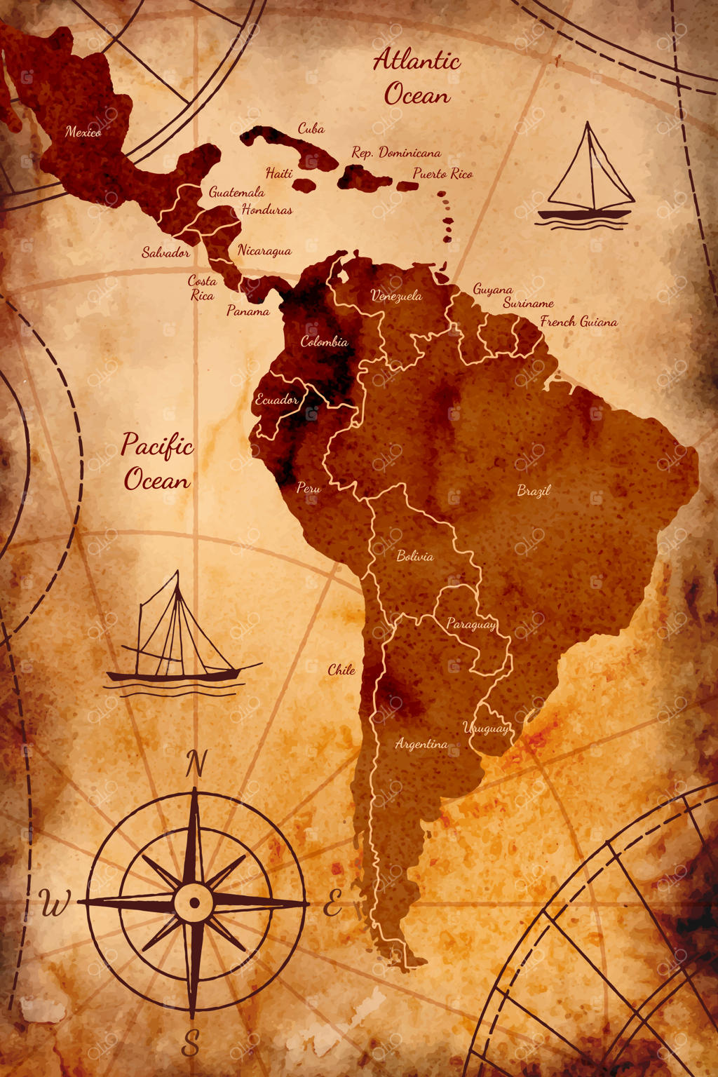 نقشه قدیمی آمریکا به سبک آبرنگی