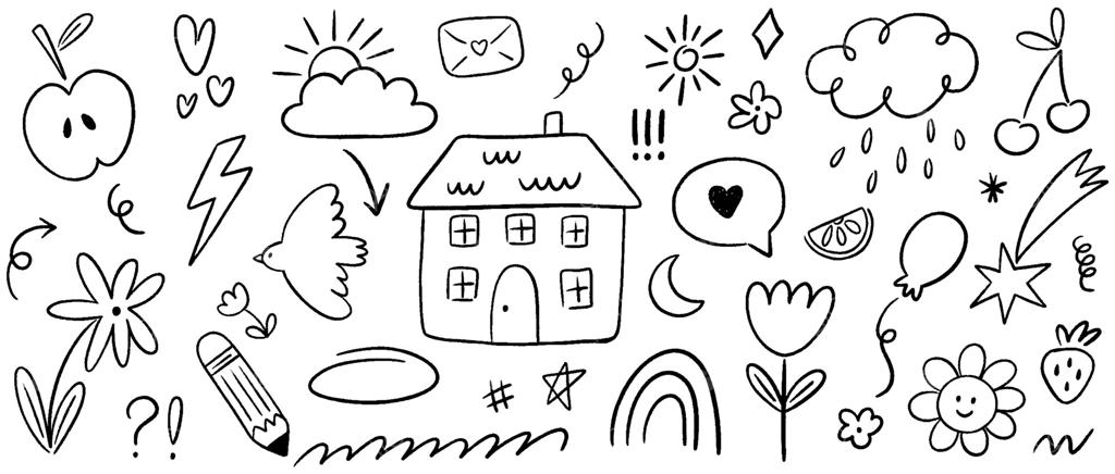 مجموعه کودکانه مداد شمعی و گچ: طراحی‌های کودکانه رنگین‌کمان، ستاره‌ها، گل، قلب، تاج به سبک اسکیس. عناصر نقاشی دستی با رنگ پاستل. تصویرسازی بر روی پس‌زمینه سفید.