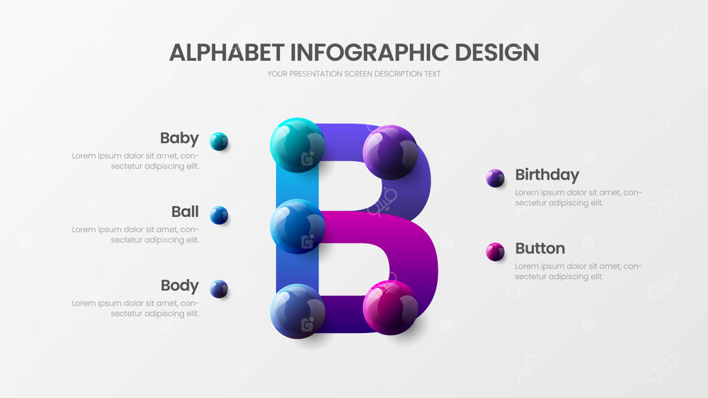 اینفوگرافیک زیبا و جذاب حروف الفبا با نماد b در قالب توپ‌های رنگارنگ