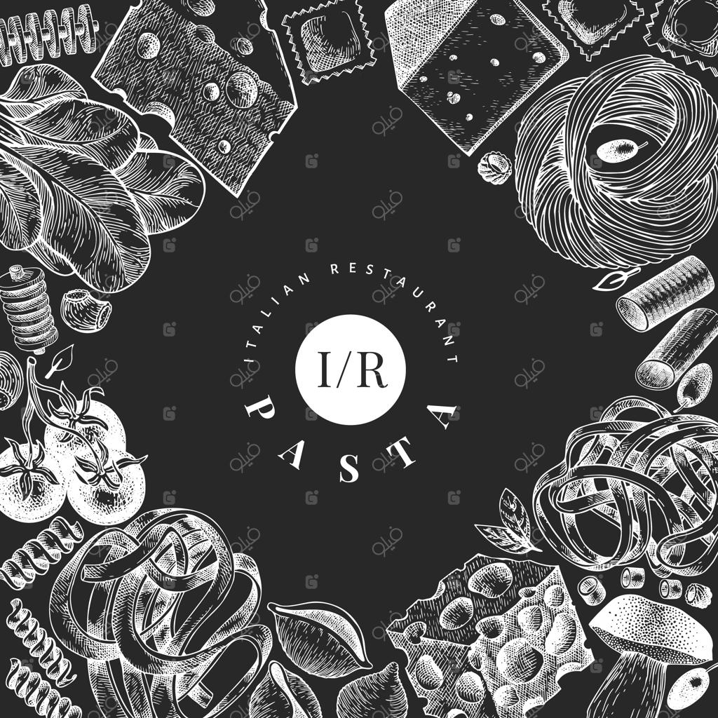 پترن طراحی پاستای ایتالیایی با افزودنی‌ها. تصویرسازی غذا به سبک دستی روی تخته‌ی گچ. سبک حکاکی شده.