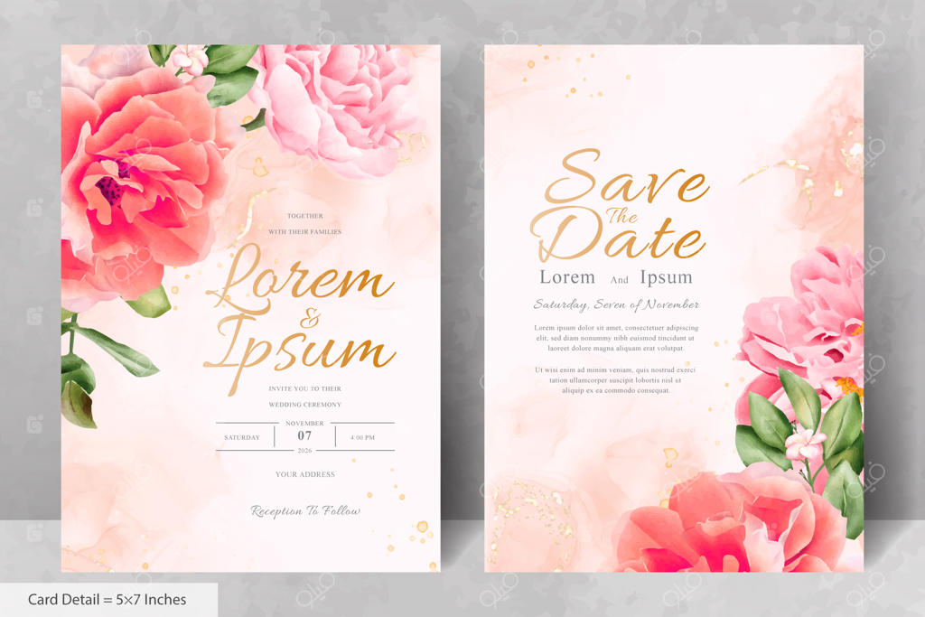 پترن کارت دعوت عروسی با طرح گل و برگ‌ آبرنگی واقع‌گرایانه و دست‌کشیده