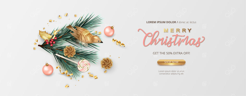 بنر کریسمس و سال نو با شاخه‌های درخت کاج