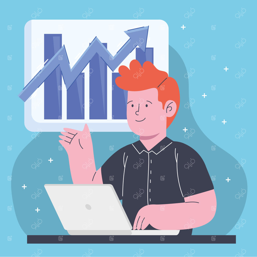 تاجر در حال استفاده از لپ‌تاپ و تحلیل آمارها