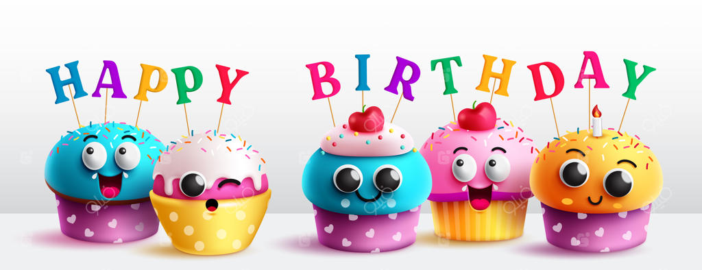 طراحی وکتور تولدت مبارک: کاپ کیک تولد با شخصیت‌های بامزه و تزئینات رنگارنگ و جذاب