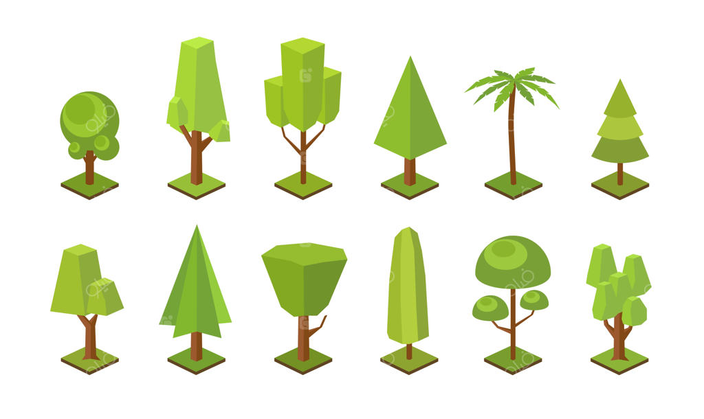 مجموعه‌ای از درختان کم‌پلی از انواع مختلف به صورت جداگانه