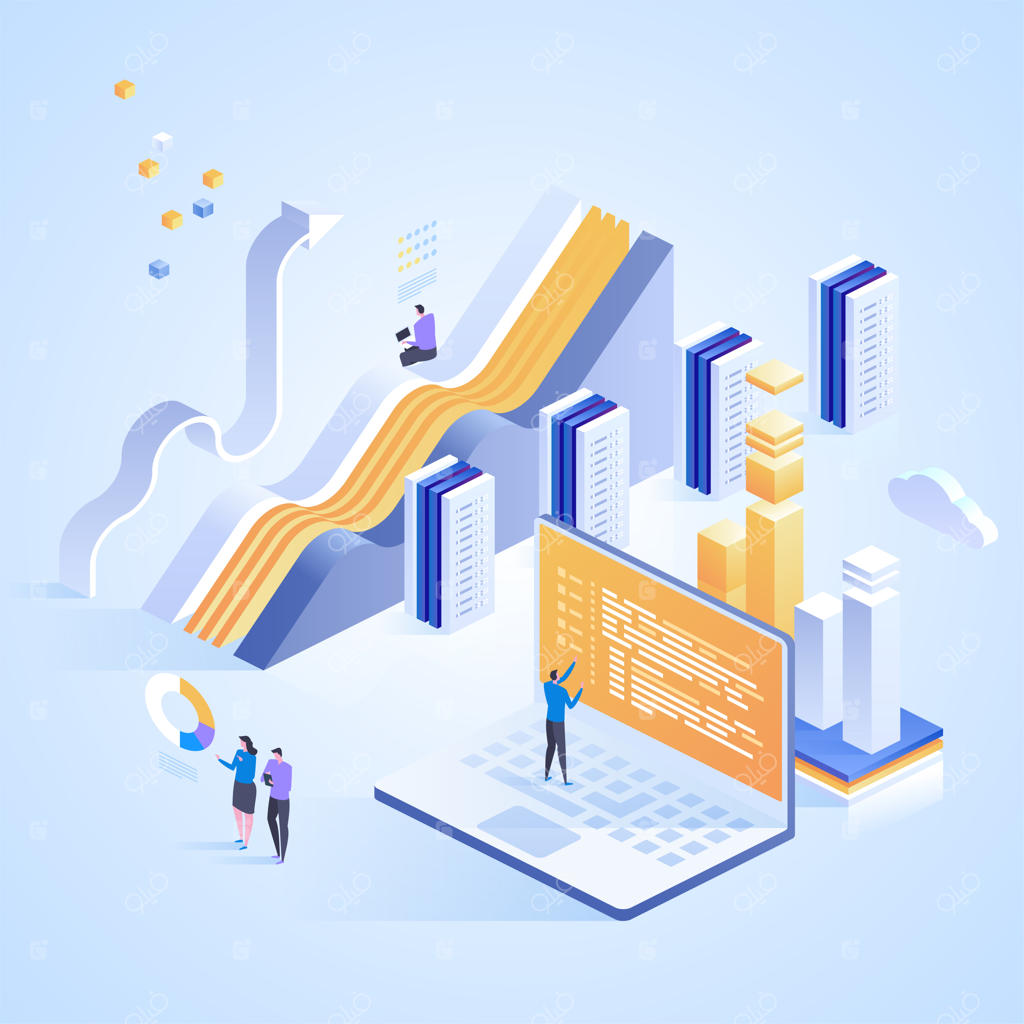 خدمات مرکز داده: اتصال اینترنتی مراکز داده، مدیریت میزبانی وب. تصویر ایزومتریک برای صفحه فرود، طراحی وب، بنر و پرزنتیشن.