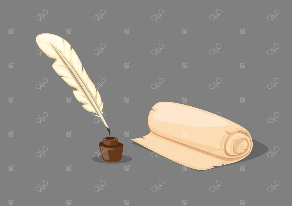 قلم، پر، کاغذ رولی و جوهر قدیمی – مجموعه نماد ابزارهای نوشتاری به سبک کارتونی واقع‌گرایانه