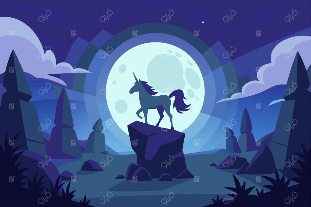 سایه‌رخ سحرآمیز تک‌شاخ در قاب دایره‌ای از نور مه‌آلود