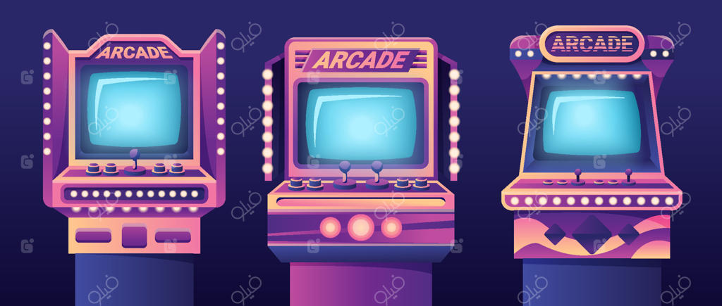 مجموعه دستگاه‌های بازی آرکید در پس‌زمینه مشکی؛ تصویرسازی کارتونی کابینت بازی رترو با دکمه، جوی‌ستیک، ورودی سکه و گزینه‌های منو در نمایشگر نئونی