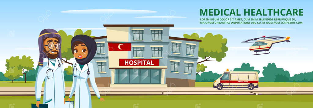 پزشکان زن و مرد عرب مسلمان با پس‌زمینه بیمارستانی