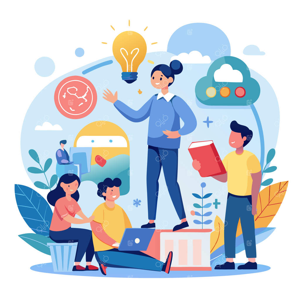 تیمی چهارنفره در حال هم‌فکری، یک نفر با لامپی بالای سرش به عنوان نماد ایده و دیگران با لپ‌تاپ و کتاب همکاری می‌کنند.