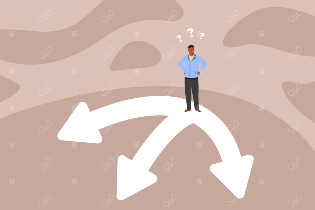 مرد در دوراهی: انتخاب مسیر یا راه عدم اطمینان در تصمیم‌گیری کاری و تغییر شغل، سردرگمی راه و کار (تصویر برداری)